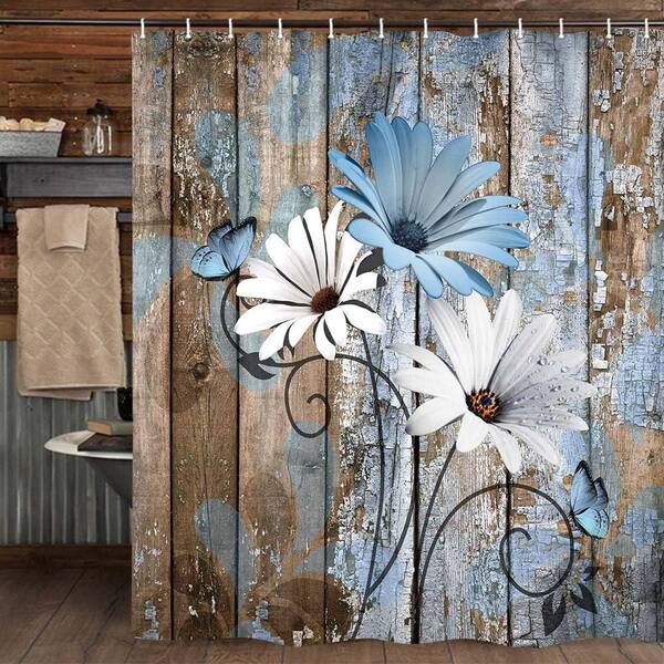 APROPHIC 4PCS Farmhouse Shower Curtain Sets For Bathroom, Blue Daisy Floral Rustic