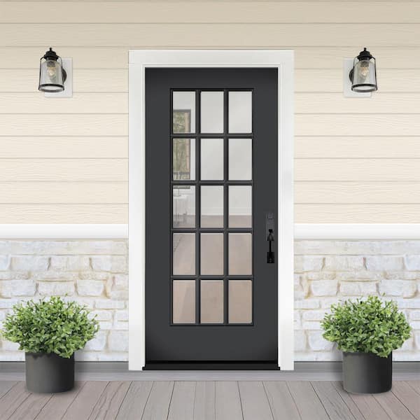 Reliant 32 in. x 80 in. Full Lite 15L SDL Clear Glass LHIS Black Finish Fiberglass Prehung Front Door w/4-9/16 Jamb