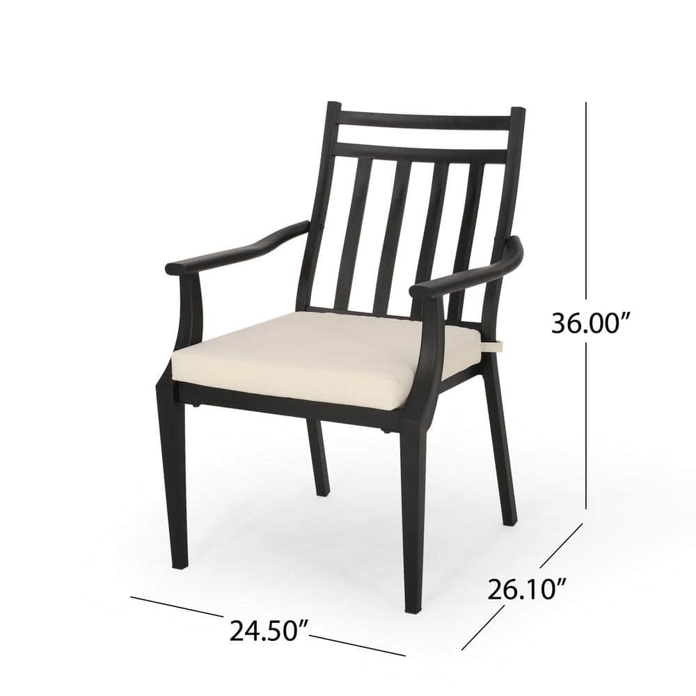 Matte Black and Beige Iron 3-Piece Outdoor Bistro Set with Cushions