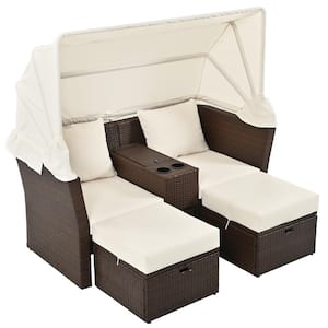 Brown Wicker Outdoor Loveseat Day Bed with Foldable Awning and Beige Cushions for Garden, Balcony, Poolside
