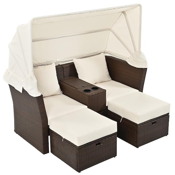 Zeus & Ruta Brown Wicker Outdoor Loveseat Day Bed with Foldable Awning and Beige Cushions for Garden, Balcony, Poolside