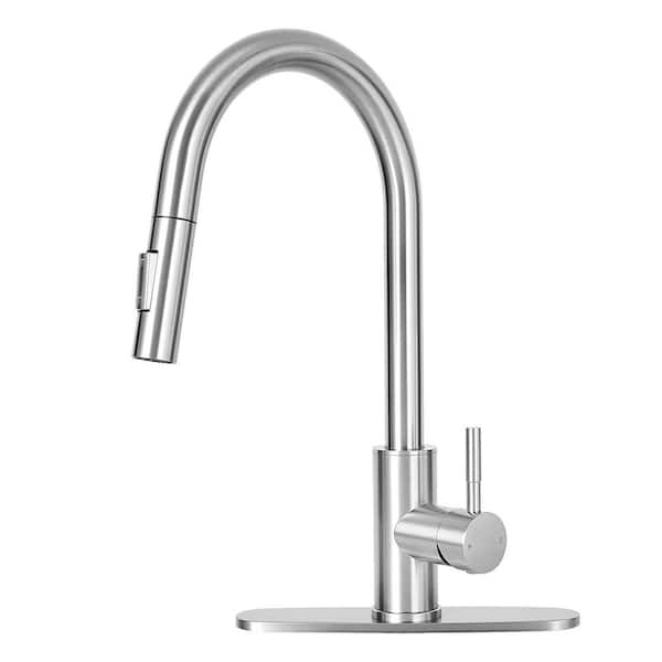 Akicon Brushed Nickel 16.19 in. H Single-Handle Pull-Down Sprayer Kitchen Faucet with 360° Spout Swivel