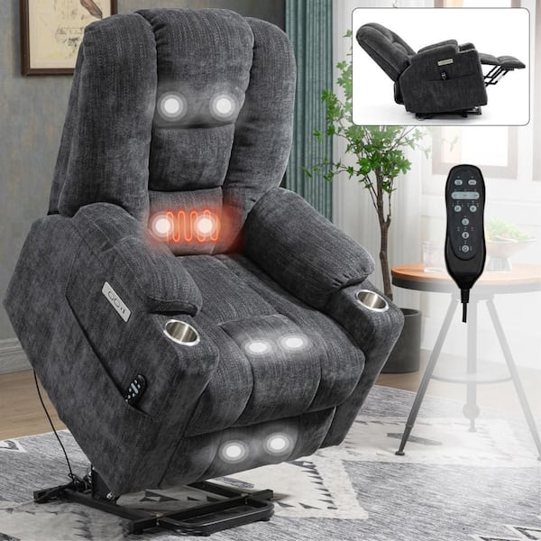 Gray Chenille Large Power Lift Recliner Chair with Heat and Massage, USB and Type-C Ports, 2 Steel Cup Holders