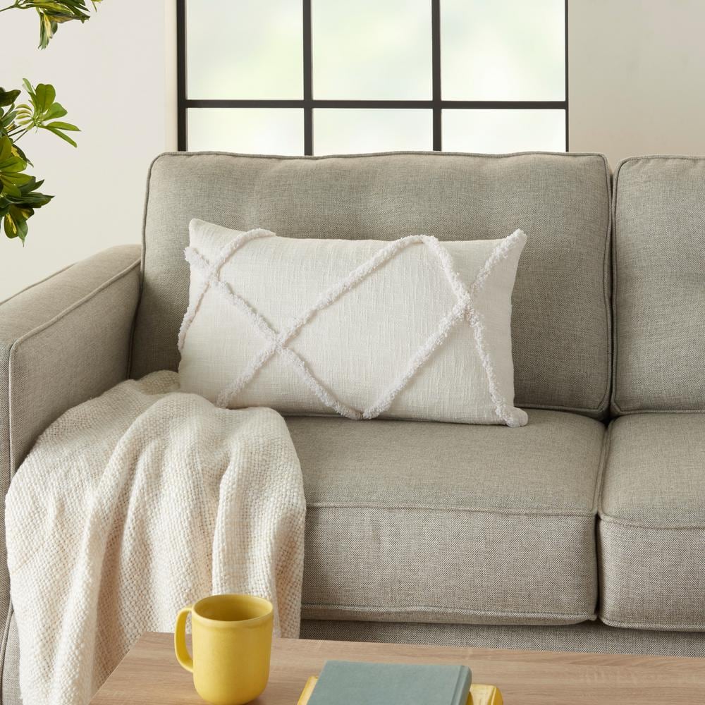White Rectangular Embroidered Cotton Throw Pillow 14" x 24"