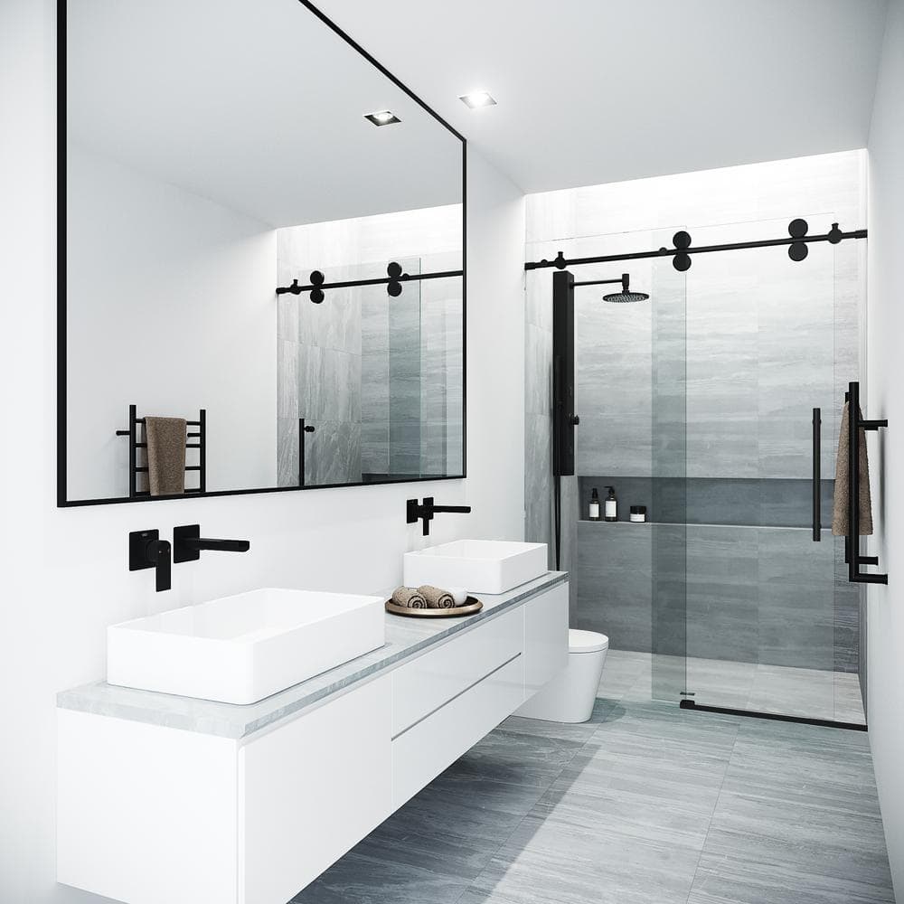 Elan Matte Black Frameless Sliding Shower Door with Clear Glass