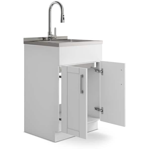 Simpli Home Murphy Transitional 24 in. wall mount Laundry sink with Cabinet Faucet and Stainless Steel Sink in White