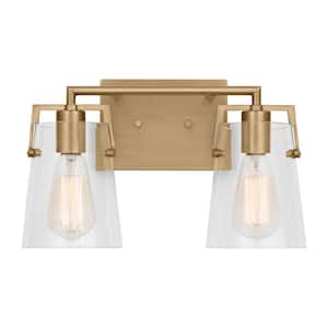 Crofton 14.625 in. W x 9 in. H 2-Light Satin Brass Bathroom Vanity Light with Clear Glass Shades