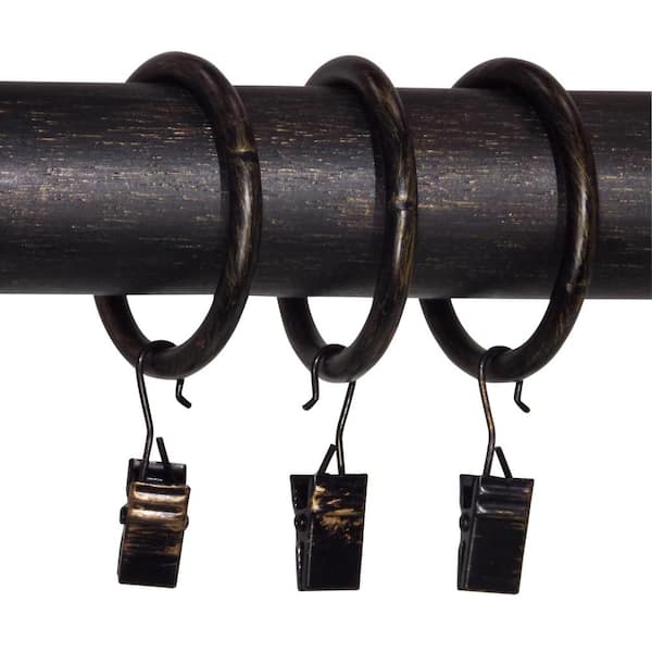 The Artifactory 1 in. Drapery Rings with Clips for 1 in. or 1 3/8 in. Poles in Antique Bronze (12-Pack)