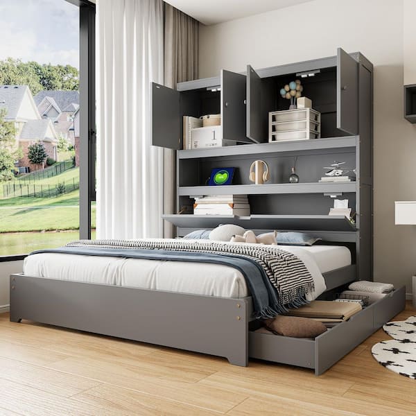 Gray Wood Frame Full Size Platform Bed with Storage Headboard, USB Charging, 2-Drawers