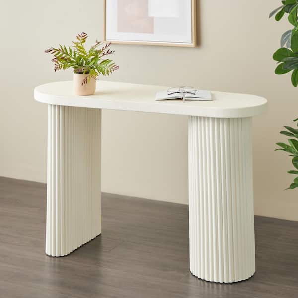 Litton Lane 47 in. White Extra Large Oval Metal Handmade Oval Console Table with Ribbed Legs