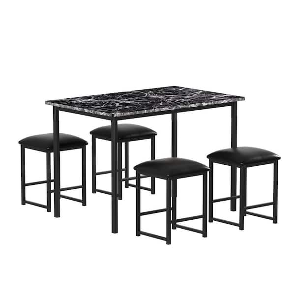 5-Piece Dining Table Set with Faux Marble MDF Top and 4 PU Padded Stools, Modern Kitchen Table Set for 4, Black