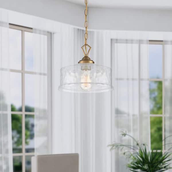 Drake 60-Watt 1-Light Brushed Gold Classic Pendant Light with Clear Hammered Glass Shade and No Bulbs Included