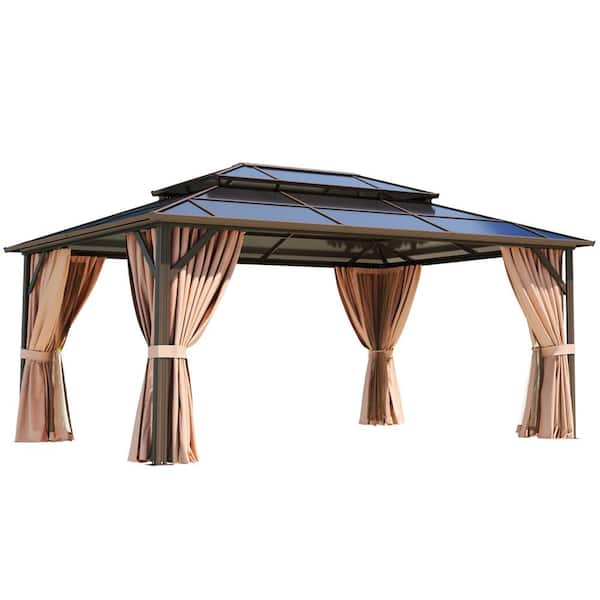16 ft. x 12 ft. Outdoor Brown Polycarbonate Gazebo with Double Roof, Curtains, and Netting for Backyard
