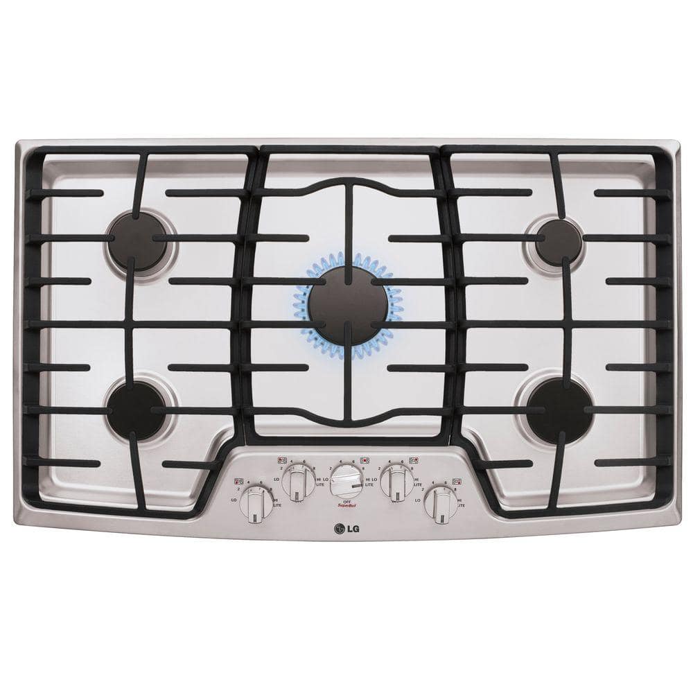 36 in. Recessed Gas Cooktop in Stainless Steel w/5 Burners Including 17K SuperBoil Burner, Heavy Duty Cast Iron Grates