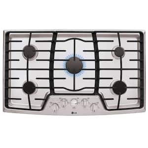 36 in. Recessed Gas Cooktop in Stainless Steel w/5 Burners Including 17K SuperBoil Burner, Heavy Duty Cast Iron Grates