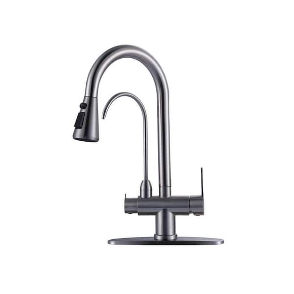 11.3 in 360 Degree Spout Swivel Double Handles Pull Out Kitchen Faucet with Drinking Water Filter in Brushed Nickel
