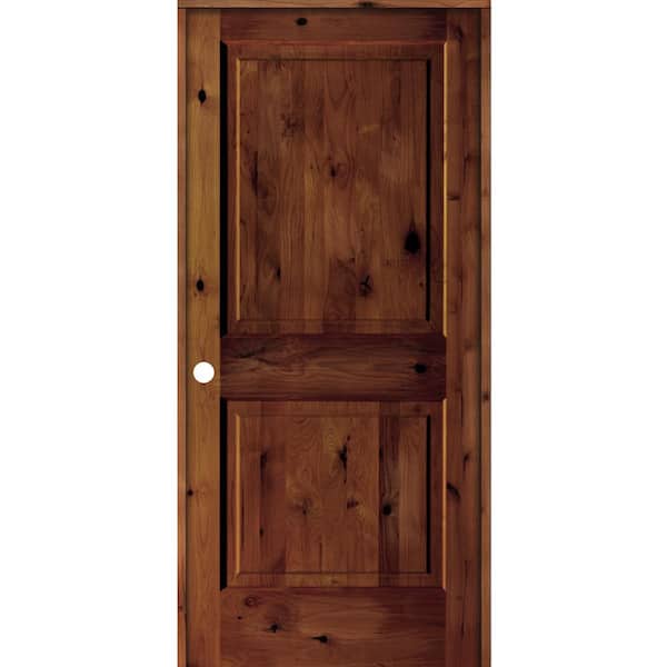 36 in. x 80 in. Rustic Knotty Alder 2 Panel Right Hand Red Chestnut Stain Wood Single Prehung Interior Door w/Square Top