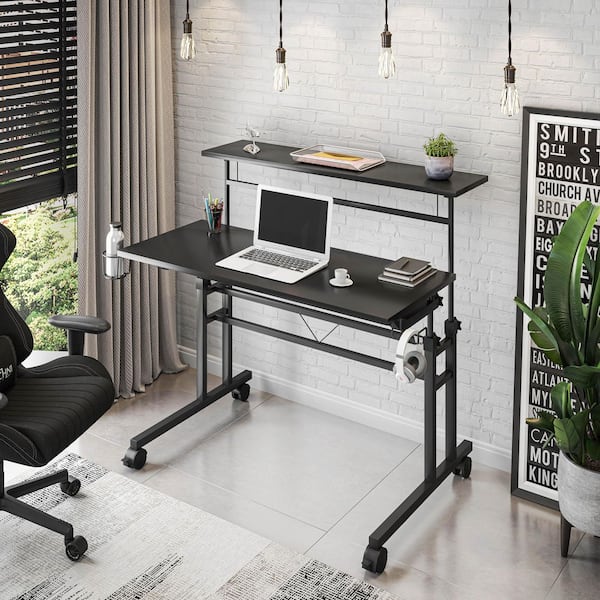 Black Rolling Writing Desk with Height Adjustable Desktop and Moveable Shelf