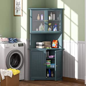 34 in. W x 25 in. D x 71 in. H Corner Linen Cabinet with Adjustable Shelves and Glass Doors in Teal Blue