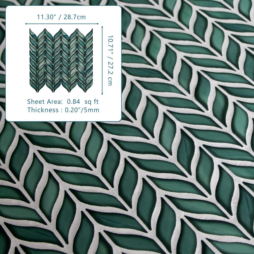 Green 11.3" x 10.7" Glazed Leaf Waterjet Recycled Glass Mosaic Tile