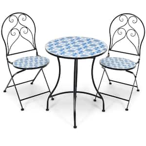 3-Piece Mosaic Floral Pattern Metal Round Outdoor Bistro Set with Folding Chair, Blue