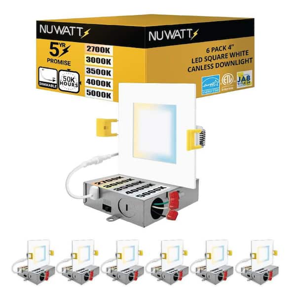 4 in. White Square Slim Canless Integrated LED Recessed Light Kit 5 Color Selectable 2700K to 5000K Dimmable (6-Pack)