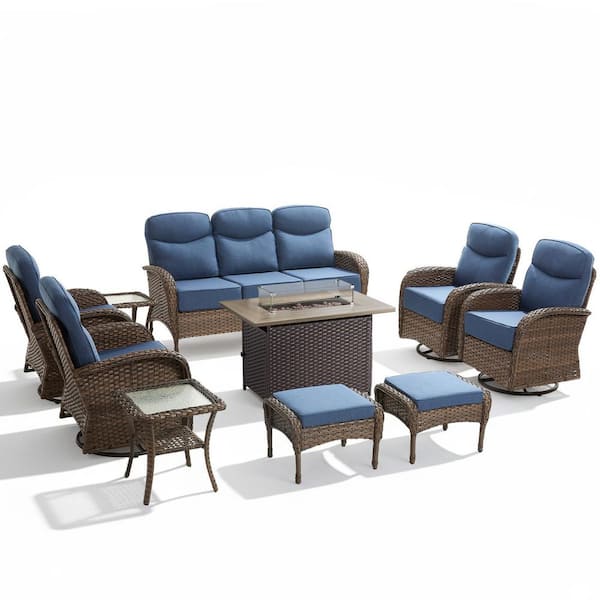 High Crescent 10-Piece Brown Wicker Patio Conversation Set with Blue Cushions and Wicker Fire Pit Table