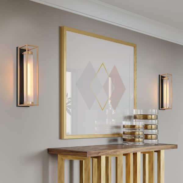 1-Light Dark Gold Modern Wall Sconce, Tube Frosted Glass Black Wall Light, Farmhouse Geometric Bathroom Vanity Light