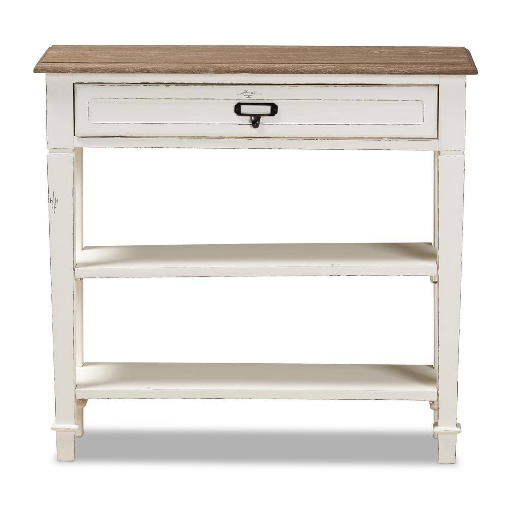Distressed White and Natural Wood Console Table with Storage