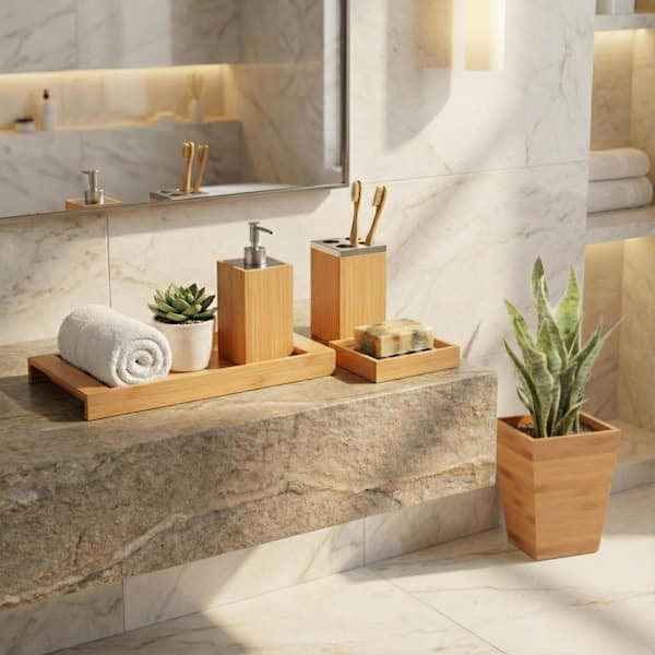 Lavish Home 5-Piece Bamboo Bathroom and Vanity Set in Natural