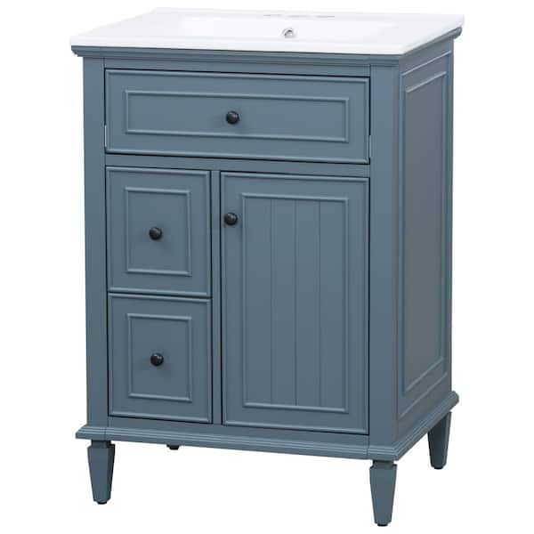 24" Blue Bathroom Vanity with Sink,Flip Drawer,Drawers&Adjustable Shelf,Solid Wood&MDF Cabinet