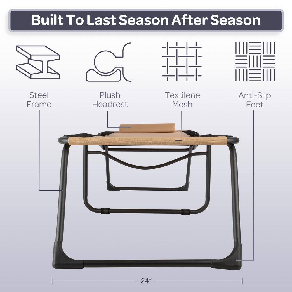 Beige Textilene and Iron Folding Outdoor Chaise Lounge Chair