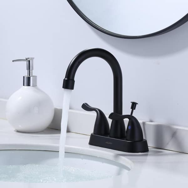 4 in. Centerset Double Handle High Arc Bathroom Faucet with Lift Rod Drain and Supply Lines in Matte Black
