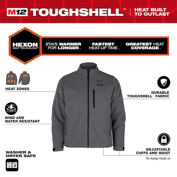 Men's Large M12 12-Volt Lithium-Ion Cordless Tough Shell Gray Heated Jacket Kit with (1) 3.0 Ah Battery and Charger