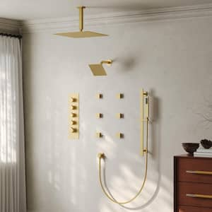 13-Spray Patterns 16 and 6 in. Ceiling Mount Dual Shower Head and Handheld Shower Head 2.5 GPM in Brushed Gold