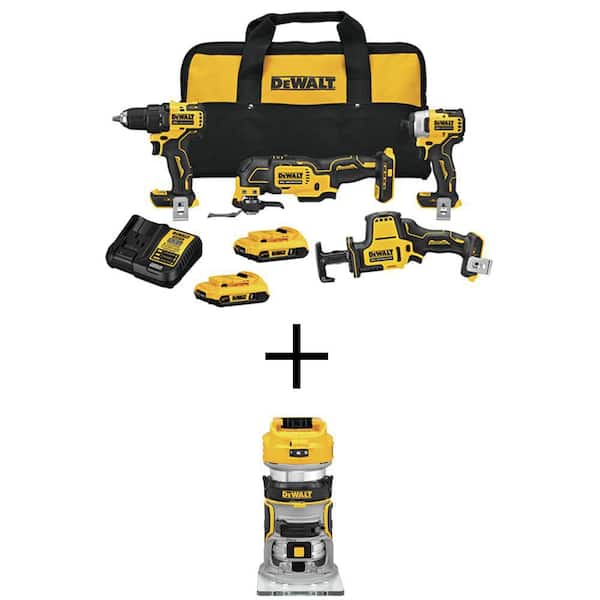 DEWALT ATOMIC 20V MAX Lithium-Ion Cordless Brushless 4 Tool Combo Kit and 20V MAX XR Cordless Brushless Compact Router