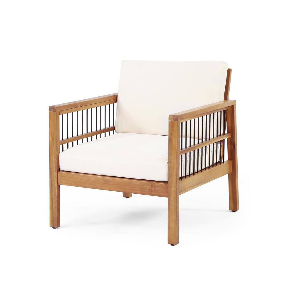 Outdoor lounge chair with wooden frame and beige cushions on white background.