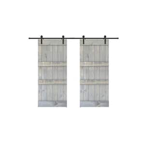 Double Mid-Bar 48 in. x 84 in. Weather Grey Finished Pine Wood Sliding Barn Door With Hardware Kit