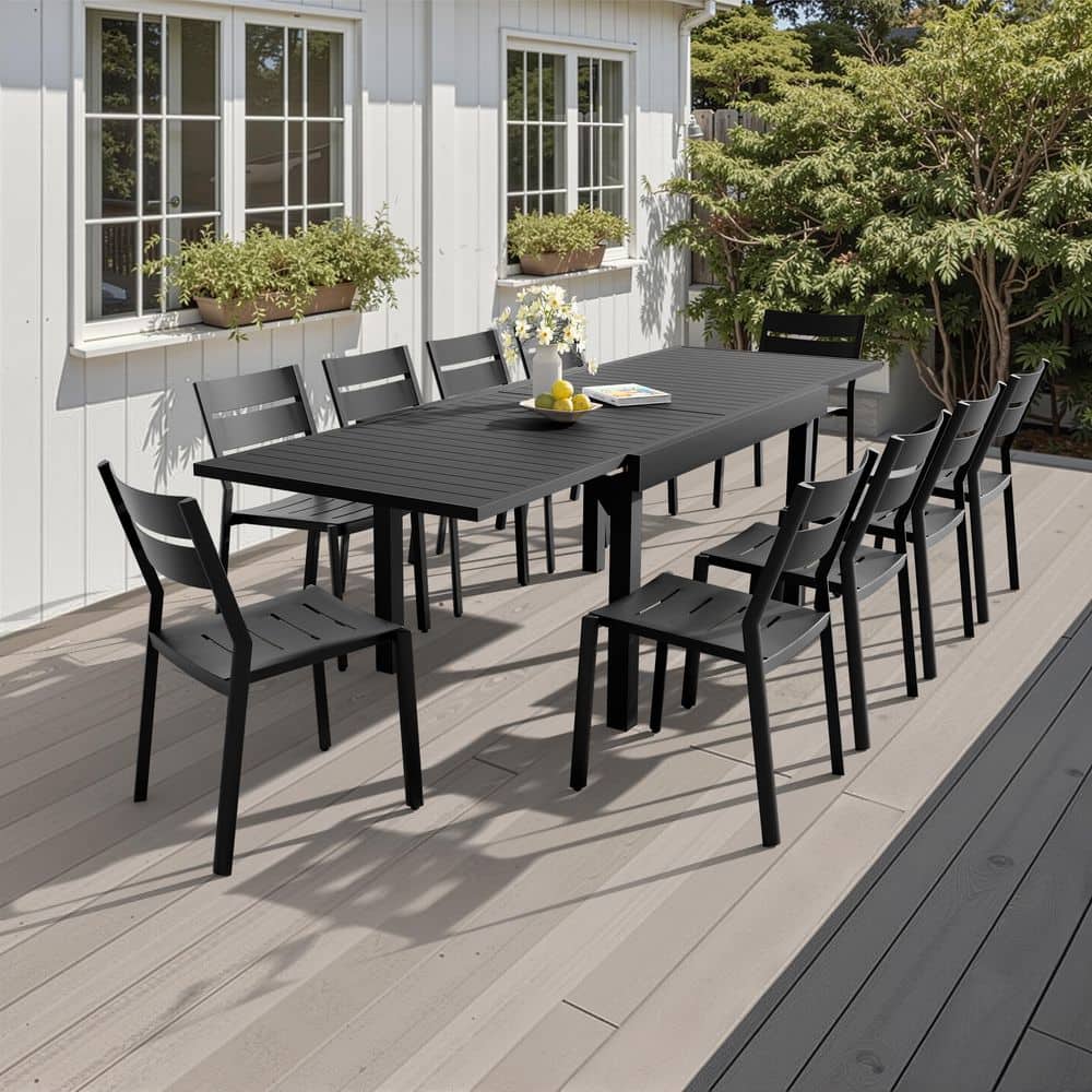 Aluminum 11-Piece Outdoor Dining Set 106. 2 in. Patio Dining Table with 10-Stackable Chairs Patio Furniture Set in Black price history on PriceWatchPro