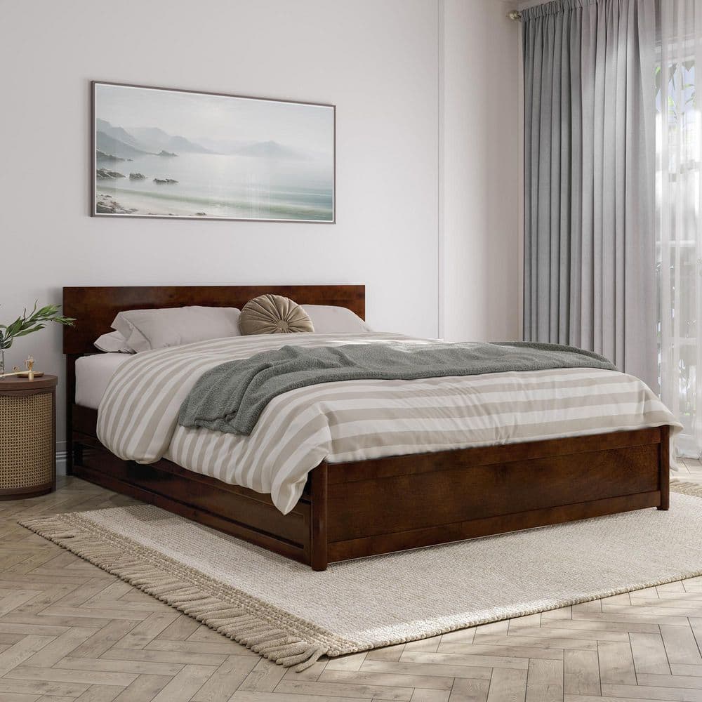 Walnut Queen Wood Platform Bed with Trundle and Headboard