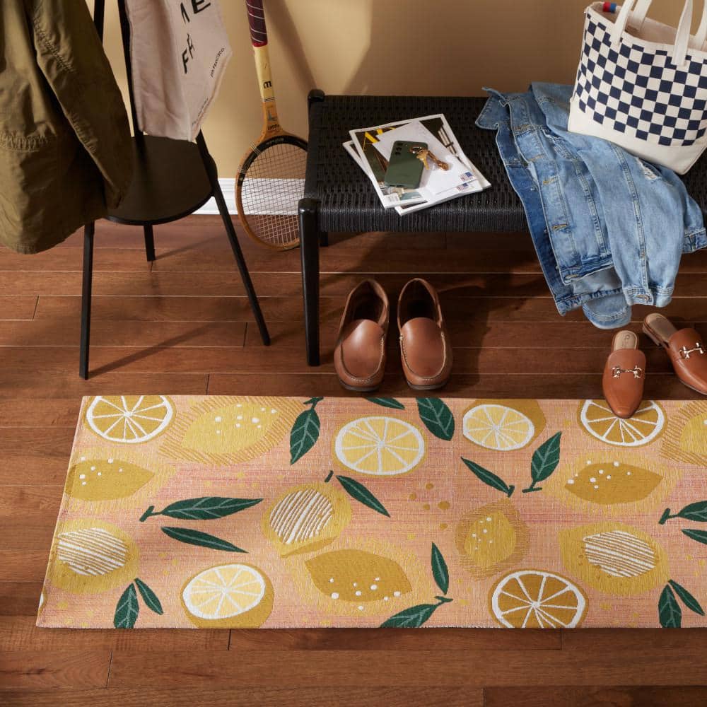 Peach Pink Lemon Print Machine Washable Runner Rug