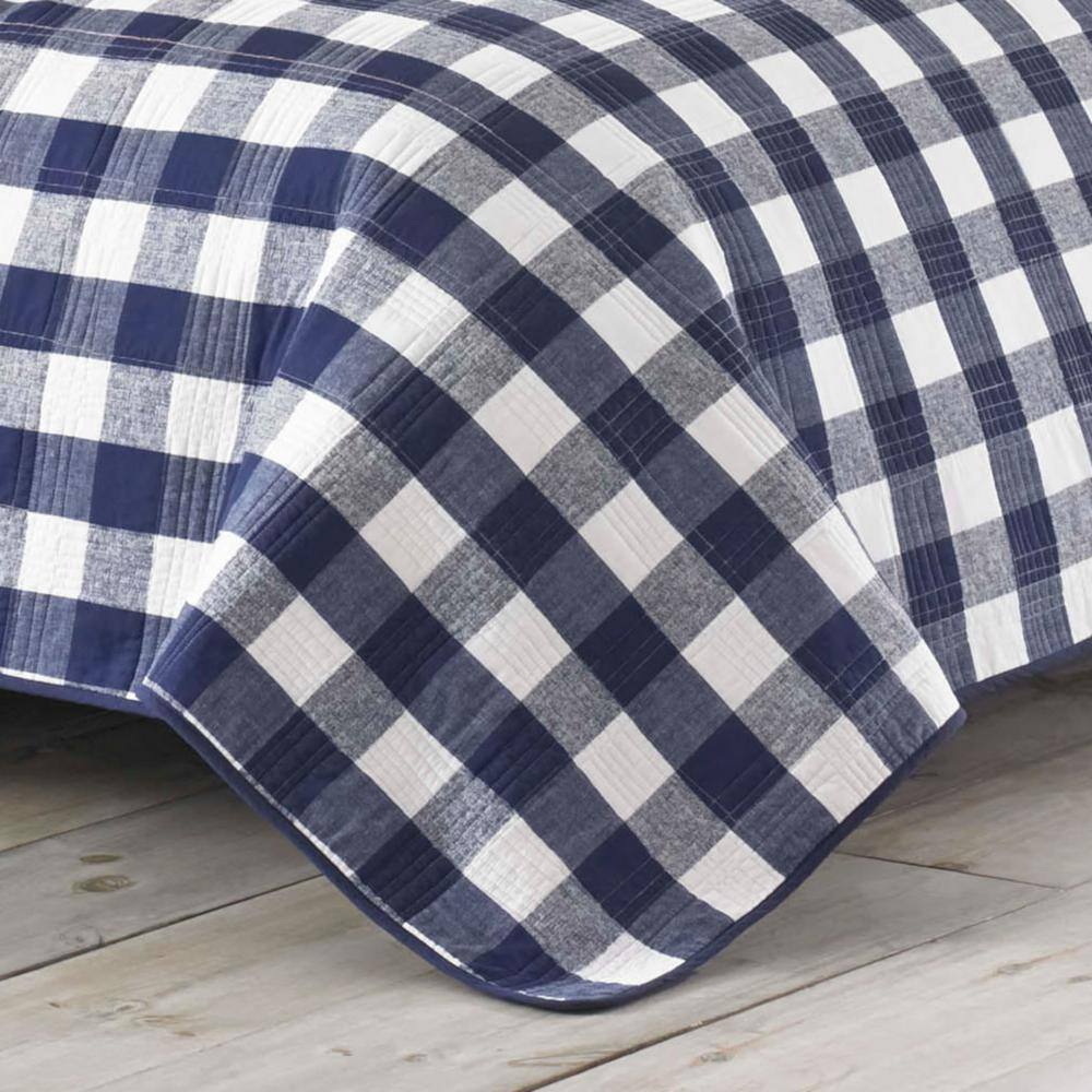 Full Blue Cotton Reversible Plaid Quilt Set
