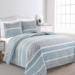Blue Full/Queen Paisley Floral Reversible 3-Piece Microfiber Quilt Set Bedspread