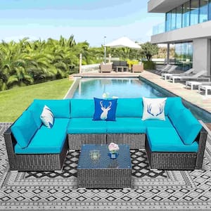 Black 7-Piece PE Wicker Furniture Set, Outdoor Sectional Conversation Sofa Set and Glass Table with Blue Cushions