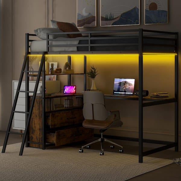 Harper & Bright Designs Black Twin Metal and Wood Loft Bed with Built-in Desk, Shelves, Drawers, LED Light and USB Charging Station