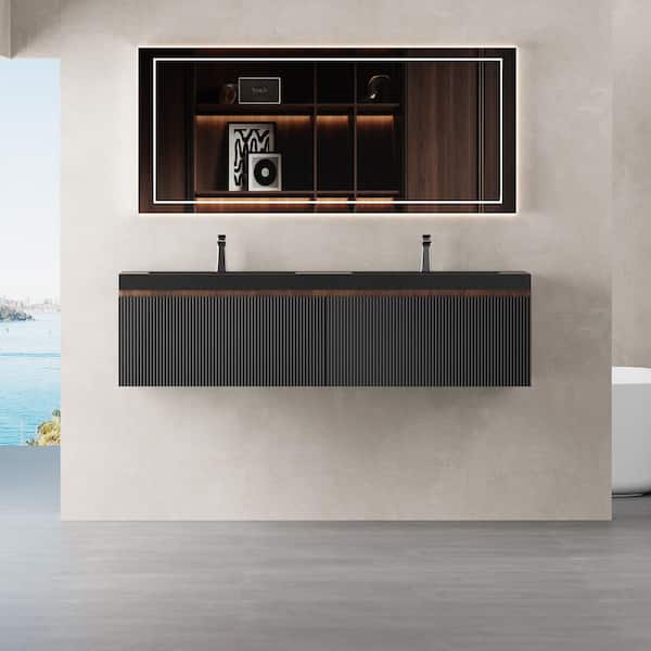 60 in. Wall-Mounted Walnut Black Bath Vanity with Black Solid Surface Top Assembled