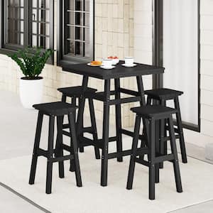Laguna 5-Piece Fade Resistant HDPE Plastic Outdoor Patio Square Bar Height Pub Set, Matching Barstools in Black