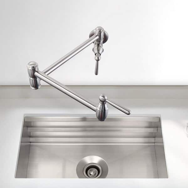 Wall Mounted Pot Filler Faucet with Double Handle in Brushed Nickel