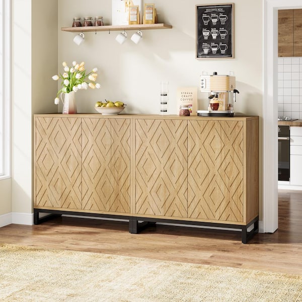 BYBLIGHT Natural Brown Wood 57.5 in. Sideboard Buffet Cabinet with Storage, 4-Doors, (Set of 2) Credenza Accent Cabinet