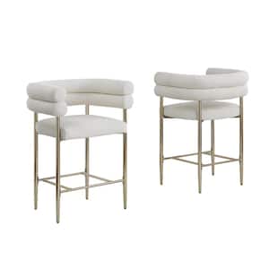 Zuria 24 in. Beige Low Back Wood Frame Counter Stool With Gold Chrome Iron Legs Teddy Fur Upholstery Set of 2